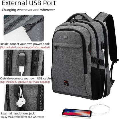 DUSLANG 17 Inch Travel Laptop Backpack Water Resistant College Backpack for Men/Women Laptop Bag with USB Charging Port, Light Grey and Black