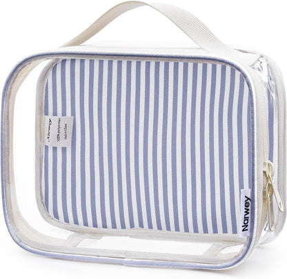 Narwey TSA Approved Clear Toiletry Bag for Travel, Waterproof PVC Clear Makeup Bags, Portable Compact Cosmetic Bag Make Up Organizer, Airport Airline Quart Size Compliant Bag (Greyish Blue Stripe)