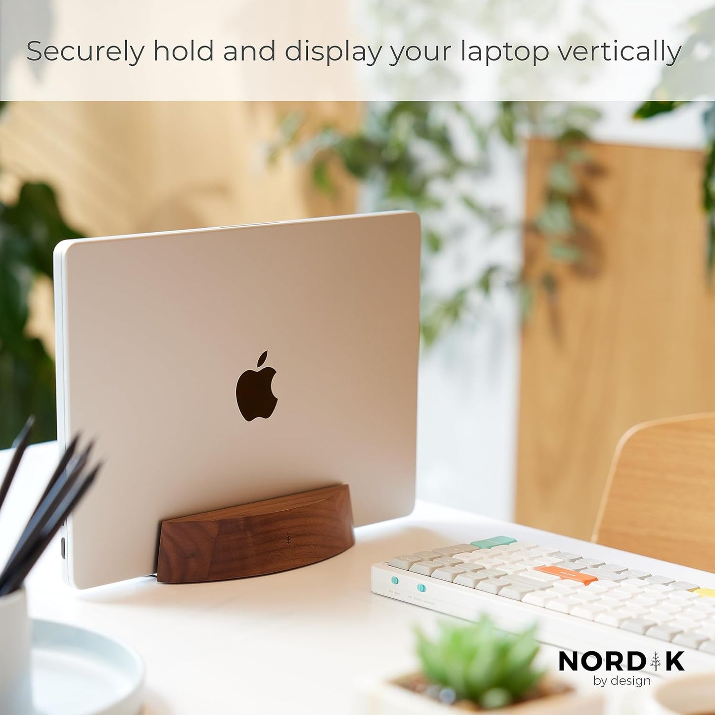 Nordik Adjustable Vertical Laptop Stand - Walnut - Premium Laptop Holder for Home Office, Software Engineers - Space Saving Desk Laptop Dock - Stable Non-Slip Wood Stand - MacBook Pro