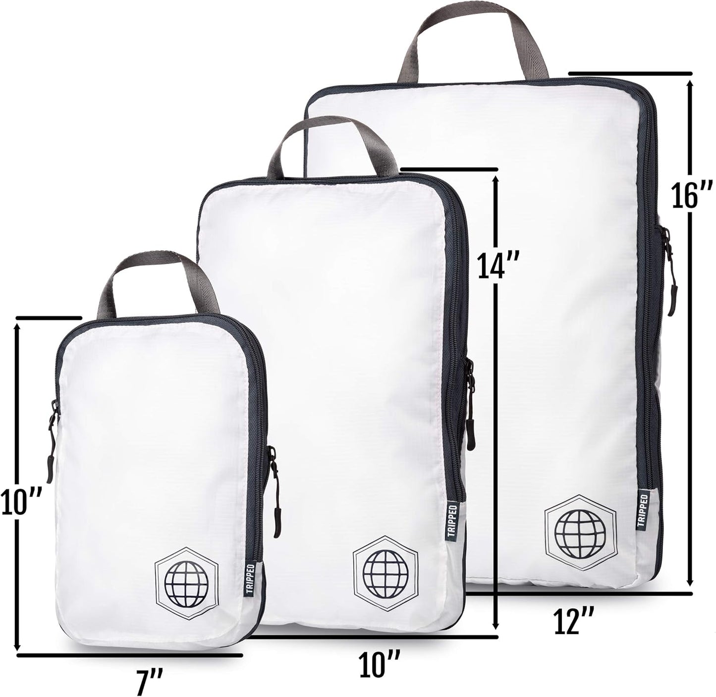 Large Compression Packing Cubes 6 Piece Set for Travel with Lightweight Laundry Bag for Carry-On Suitcase by TRIPPED Travel Gear (White)