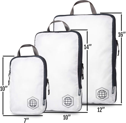 Large Compression Packing Cubes 6 Piece Set for Travel with Lightweight Laundry Bag for Carry-On Suitcase by TRIPPED Travel Gear (White)