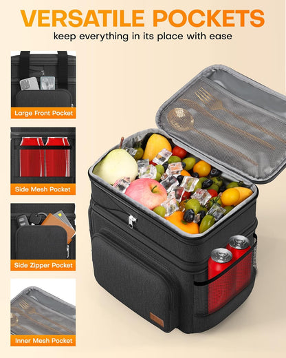 HOTOR Lunch Box for Men and Women - Leak-Proof Insulated Lunch Cooler Bag with Adjustable Strap, Multiple Pockets for Office, Picnic, Hiking, Beach, 2 Layer, 17L, Black, 12.2" x 7.9" x 10.6"