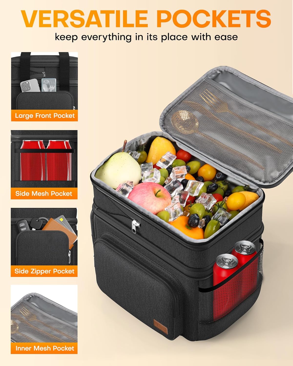 HOTOR Lunch Box for Men and Women - Leak-Proof Insulated Lunch Cooler Bag with Adjustable Strap, Multiple Pockets for Office, Picnic, Hiking, Beach, 2 Layer, 32L, Black, 14.6" x 10.7" x 13.0"