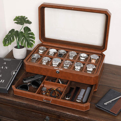 ROTHWELL 12 Slot Leather Watch Box with Valet Drawer - 12 Slot Luxury Watch Case Display Organizer, Microsuede Liner, Mens Accessories Holder, Jewelry Case, Jewelry Display Organizer (Tan/Brown)