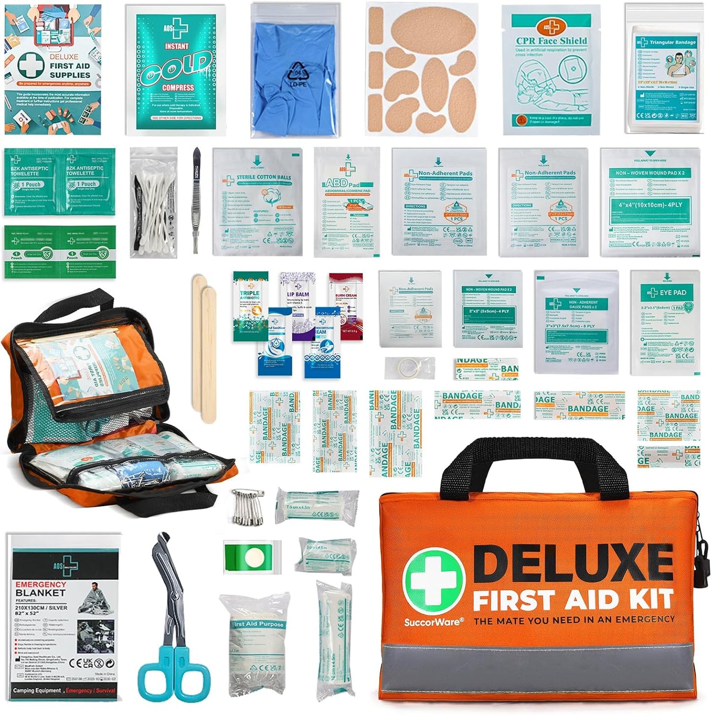 380 Pieces Deluxe First Aid Kit Compact Trauma Medical Kits with Assorted Bandages, Instant Cold Pack, Emergency Blanket for Home, Travel, Camping, Vehicle, Emergency Kits(Orange)
