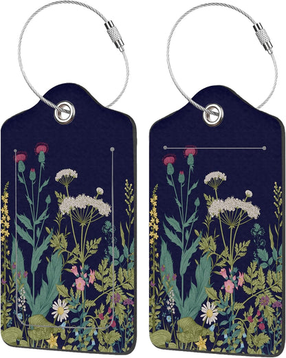 2 Pack Luggage Tags for Suitcases,Herbs and Wild Flowers Luggage Tag,PU Leather Id Label Luggage Tags with Stainless Steel Loop and Privacy Cover for Women Men Teens Travel