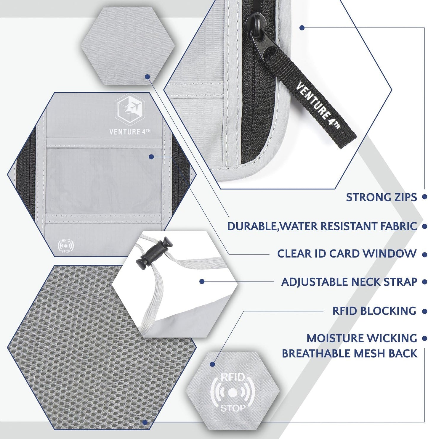 VENTURE 4TH Passport Holder Neck Wallet with RFID Blocking Nylon Lining - Hidden Neck Pouch for Travel (Silver)