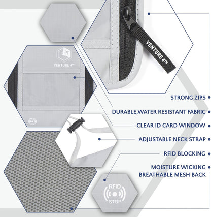 VENTURE 4TH Passport Holder Neck Wallet with RFID Blocking Nylon Lining - Hidden Neck Pouch for Travel (Silver)