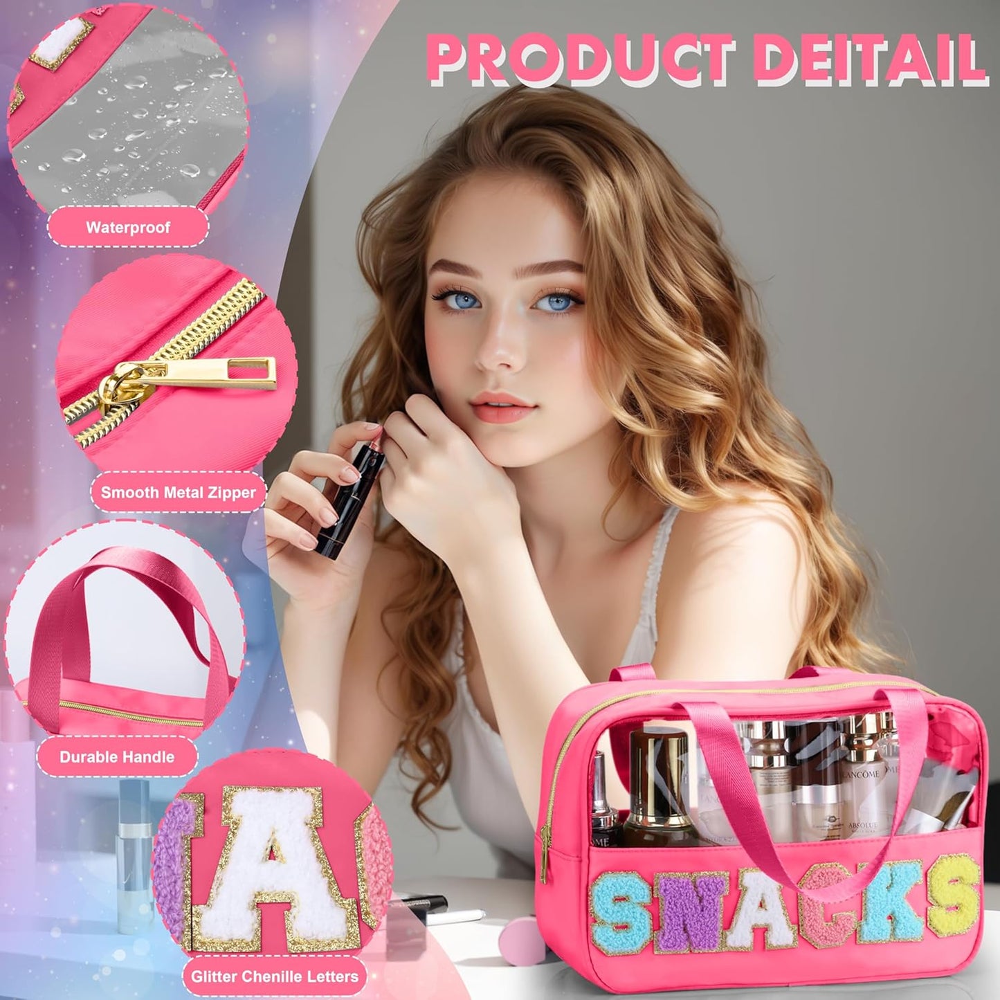 Snack Bag for Travel - Chenille Letter Clear Makeup Bag, Large Preppy Patch Snack Cosmetic Bag with Handle and Zipper, Cute Makeup Pouch Nylon&PVC Waterproof Toiletry Organizer Storage for Women Girls