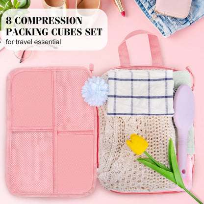 8 Set Compression Packing Cubes Travel, Lightweight Expandable Travel Cubes Suitcase Organizer for Carry On Luggage Suitcase, Pink
