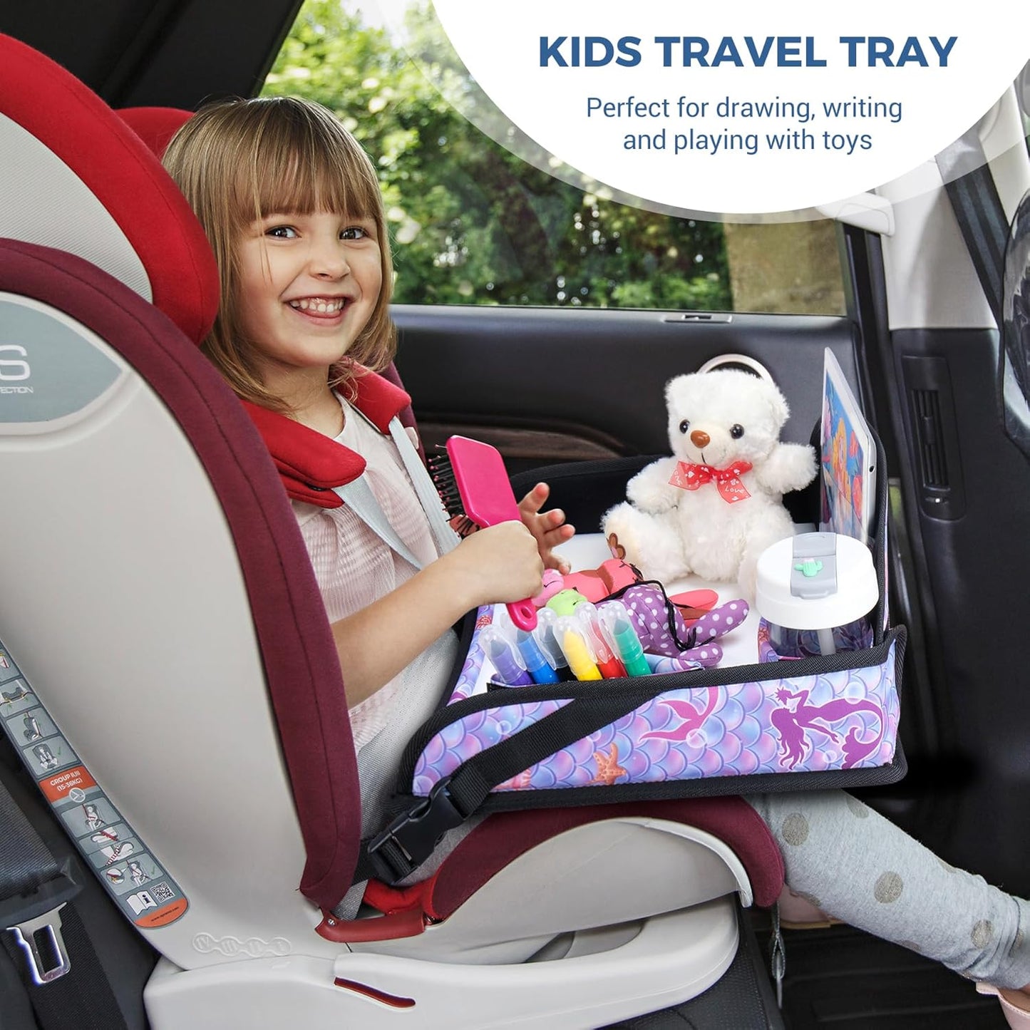 COOLBEBE Kids Travel Tray for Toddler Car Seat, Travel Tray for Airplane, Toddler Car Seat Lap Tray, Carseat Table Tray for Kids Travel Activities (Mermaid