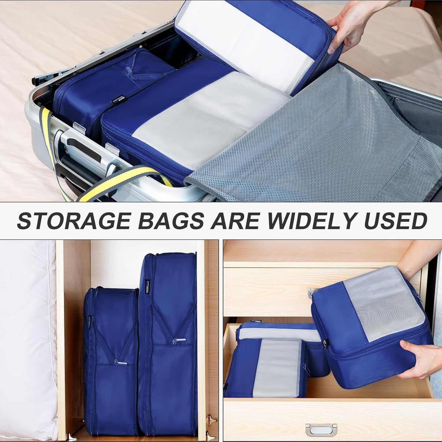5 Set Compression Packing Cubes for Travel, Space Saving Luggage Organizer Bags (Dark Blue)