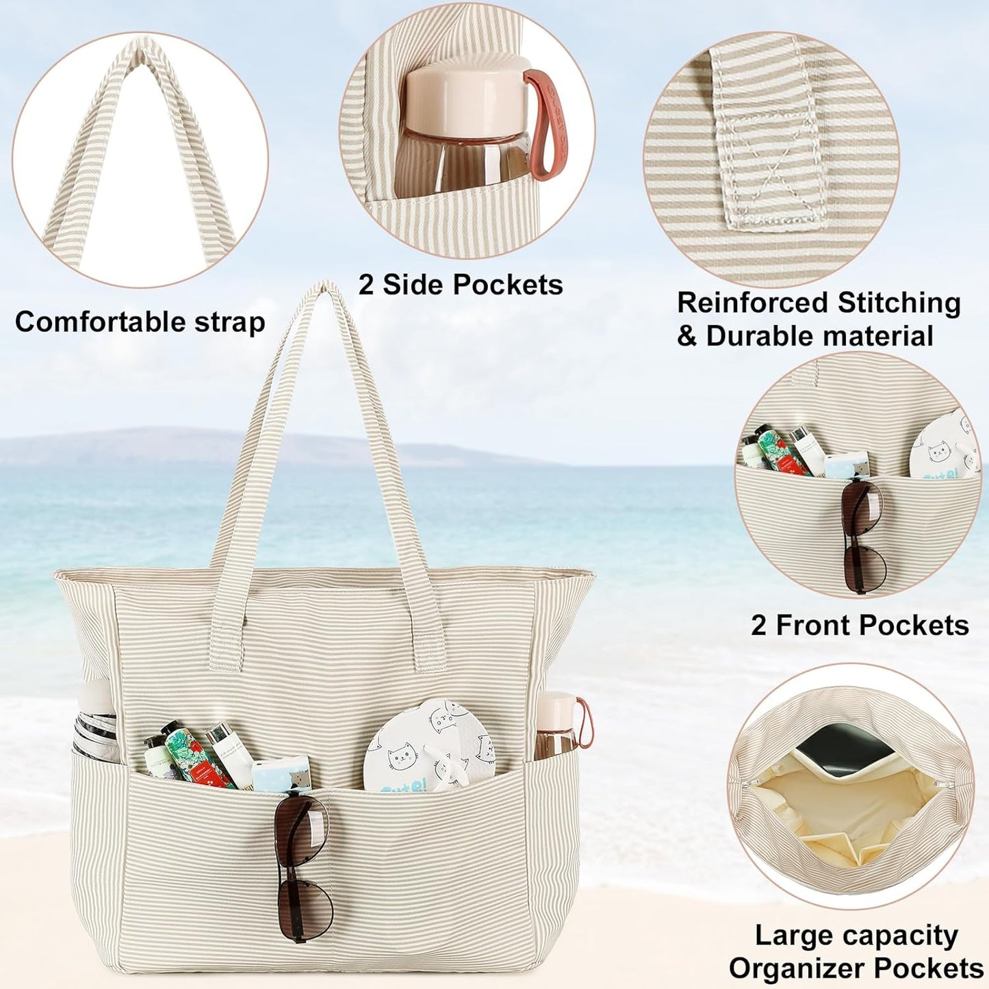 CAMTOP Waterproof Beach Tote Bag for Women Girls with Zipper Foldable Sandproof Pool Swim Bag Travel Carry On Gym