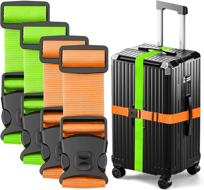 BILIONE Luggage Straps 88 inch Adjustable Suitcase Belt, Lockable Against Accidental Opening, Easy to Identify Travel Accessories, Add a Bag Connector (Vibrant Orange + Green, 4)