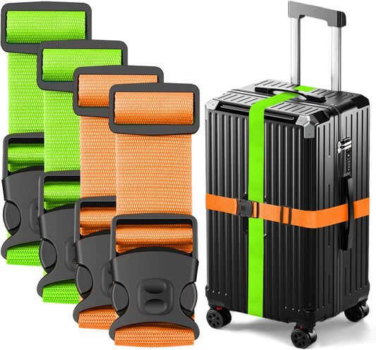 BILIONE Luggage Straps 88 inch Adjustable Suitcase Belt, Lockable Against Accidental Opening, Easy to Identify Travel Accessories, Add a Bag Connector (Vibrant Orange + Green, 4)