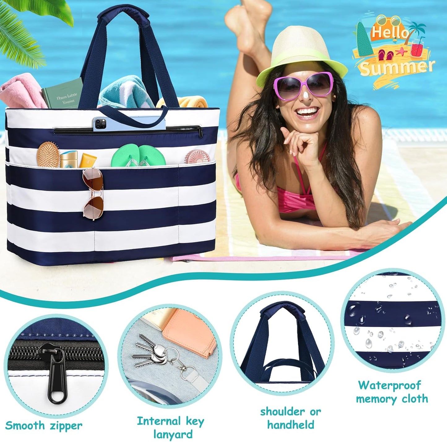 Extra Large Beach Bags for Women, Waterproof Sandproof Beach Tote Bag Zipper Foldable Swim Pool Bag with Wet Pocket