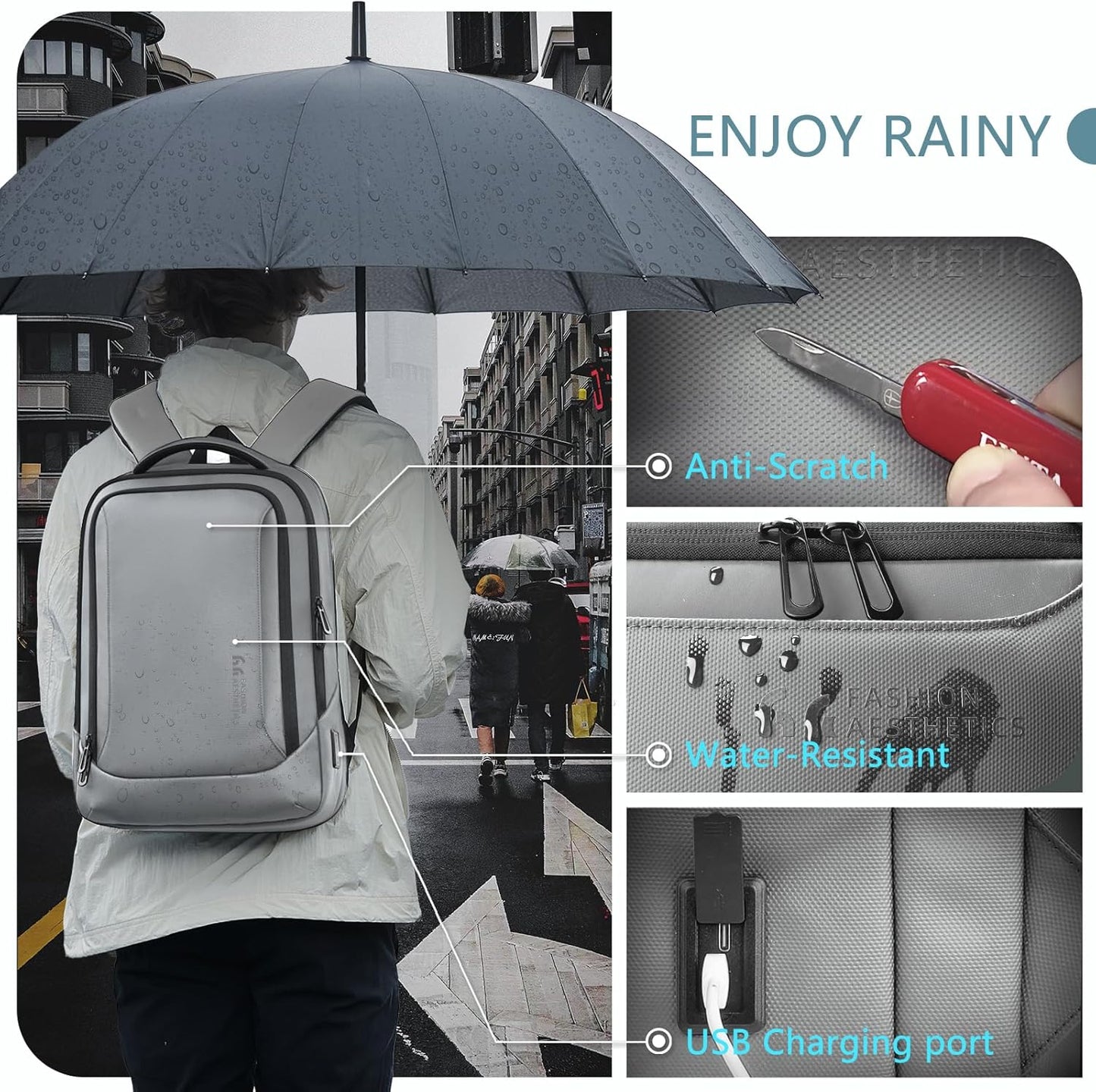 hk Laptop Backpack for Men with USB Charging Port Water-Resistant for 15.6 Inch Computer Bag Durable High-Tech Daypack Casual Backpack for Business Work College Weekender Travel- Grey