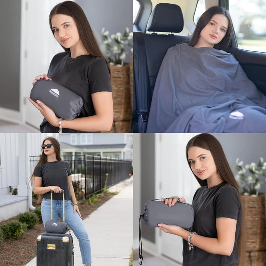 BlueHills Ultra Compact Travel Blanket Pillow in Portable Bag Case Soft 70 X 56 with Strap Backpack Clip Premium Cozy Soft Compact Pack Large Blanket for Airplane Flight Layover Grey - Gray C002