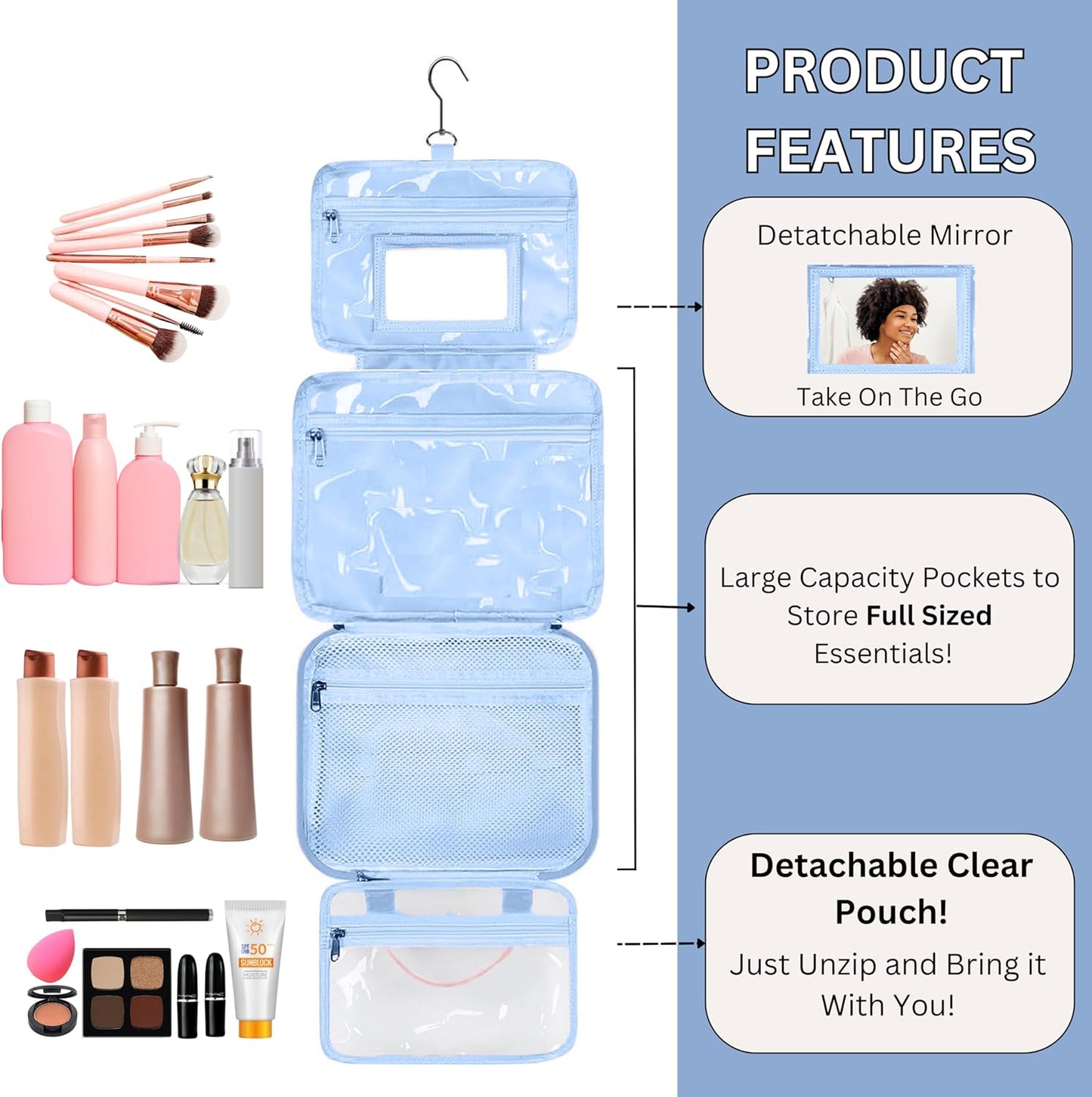 ESSENTE Women's Travel Toiletry Bag with Removable Pouch and Hanging Hook - Water Resistant Makeup Cosmetic Oraganizer with Multiple Compartments for Accessories (POWDER BLUE)