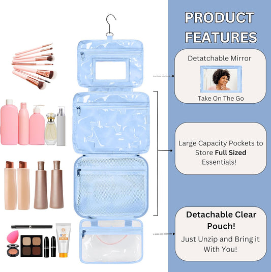 ESSENTE Women's Travel Toiletry Bag with Removable Pouch and Hanging Hook - Water Resistant Makeup Cosmetic Oraganizer with Multiple Compartments for Accessories (POWDER BLUE)
