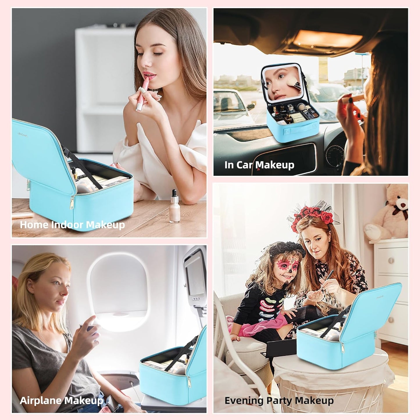 Travel Makeup Bag with LED Mirror – Waterproof Cosmetic Train Case with Adjustable Dividers, Portable Makeup Organizer and Toiletry Bag for Women, Teens & Girls Gift, Blue