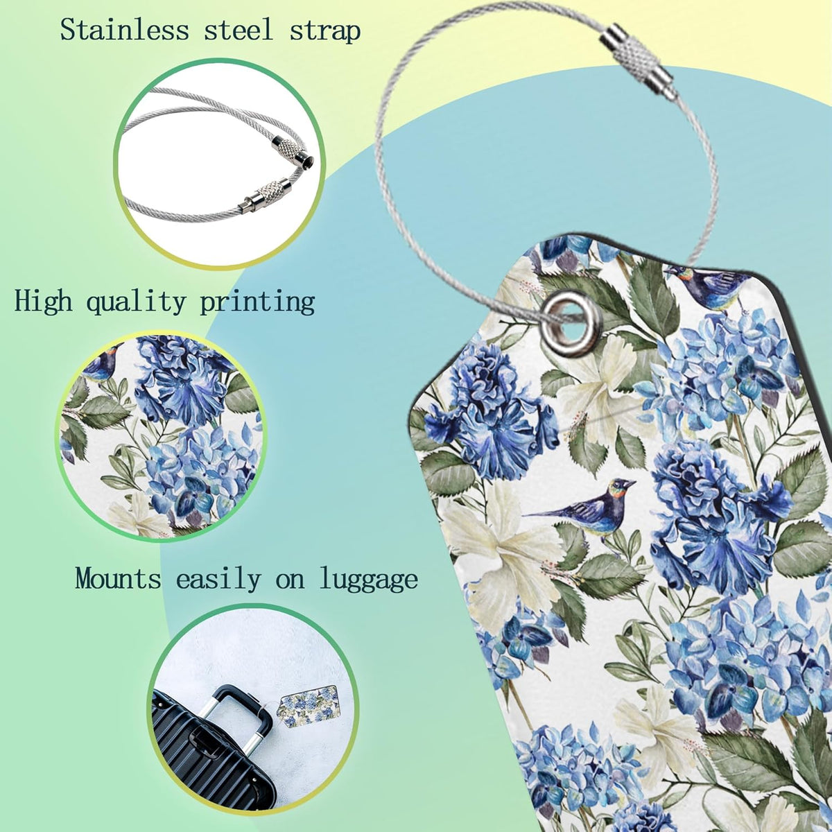 Hibiscus Flowers Luggage Tag,Bird Watercolor Luggage Tags of Set 2 Leather Identifiers Privacy Cover with Stainless Steel Loop for Women Men Travel Bag Suitcase