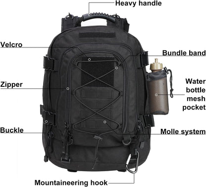 Large Tactical Backpack for Men Military Backpack with DIY System for Travel, Work,Camping,Hunting,Hiking,Sports (BLACK)