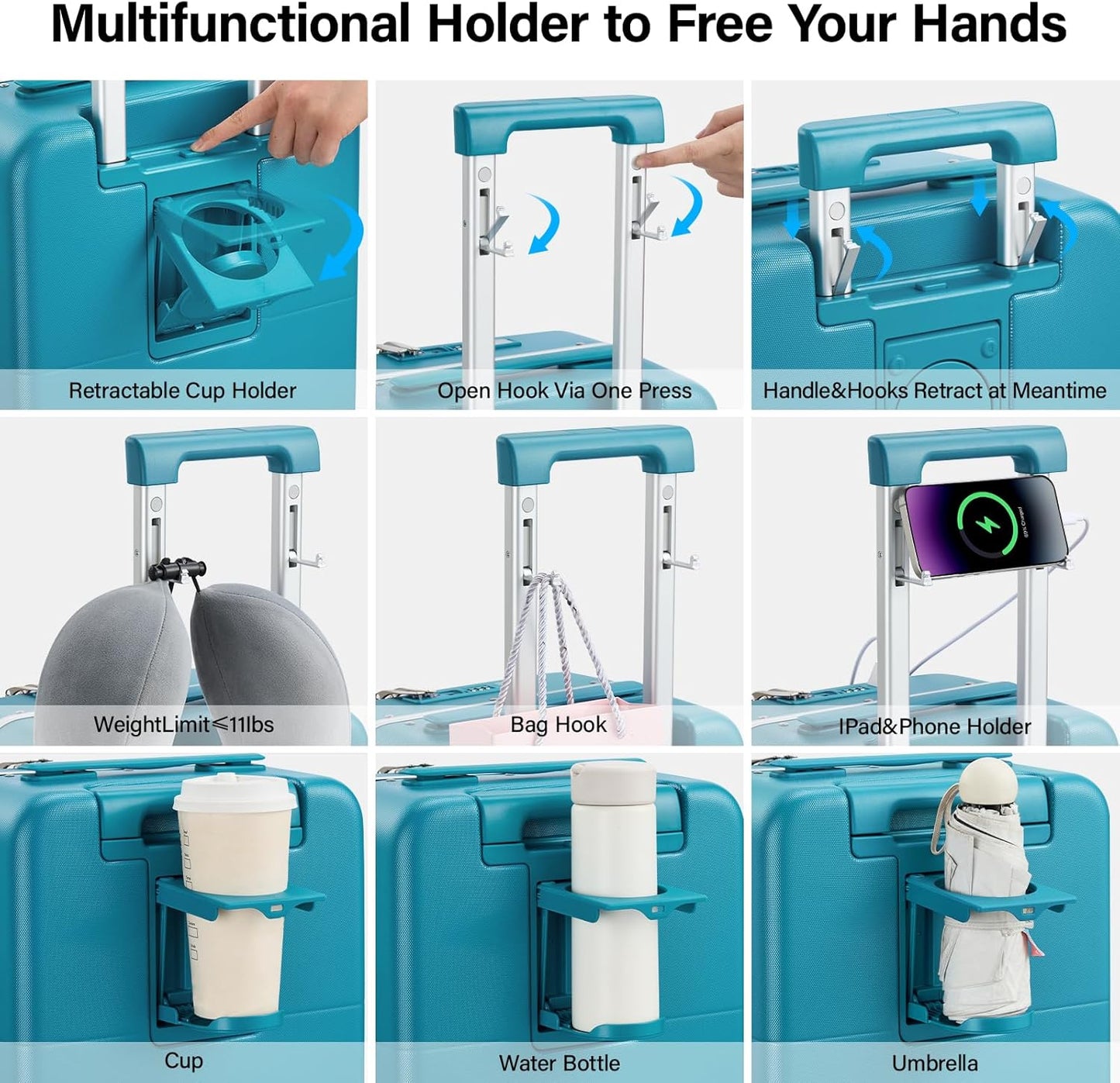 Hanke 28 Inch Luggage with Cup Holder and Charge,Top Opening Hard Shell Suitcases with Wheels and Dividers,Aluminum Frame Trunk Luggage Extra Large Suitcase with Lock for Travel,Caribbean Blue