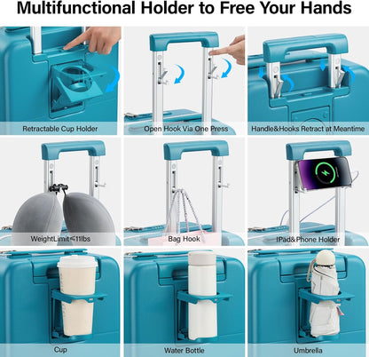 Hanke 28 Inch Luggage with Cup Holder and Charge,Top Opening Hard Shell Suitcases with Wheels and Dividers,Aluminum Frame Trunk Luggage Extra Large Suitcase with Lock for Travel,Caribbean Blue