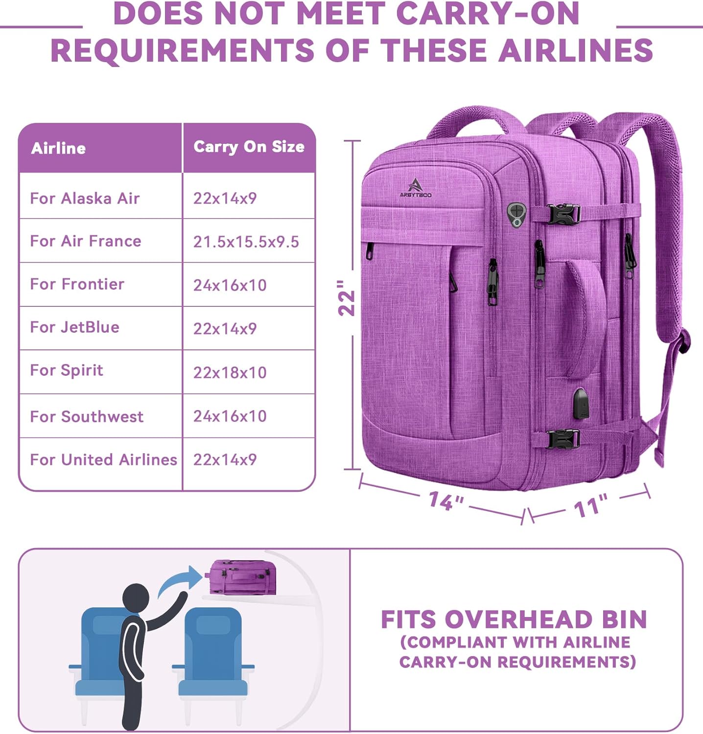 60L Carry On Backpack, Extra Large Laptop Backpack, Big Capacity Travel Backpack for Women, Expandable Water Resistant Bag Anti-Theft Business Daypack Fit 18 Inch Laptop with USB Port,Purple