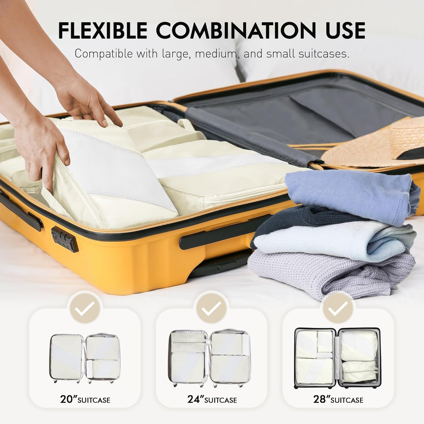 WVM Packing Cubes for Travel, 8 Set Luggage Organizer Bags with Shoe Bag, Toiletry Bag & Laundry Bag, Travel Accessories Essentials Packing Organizer, Beige