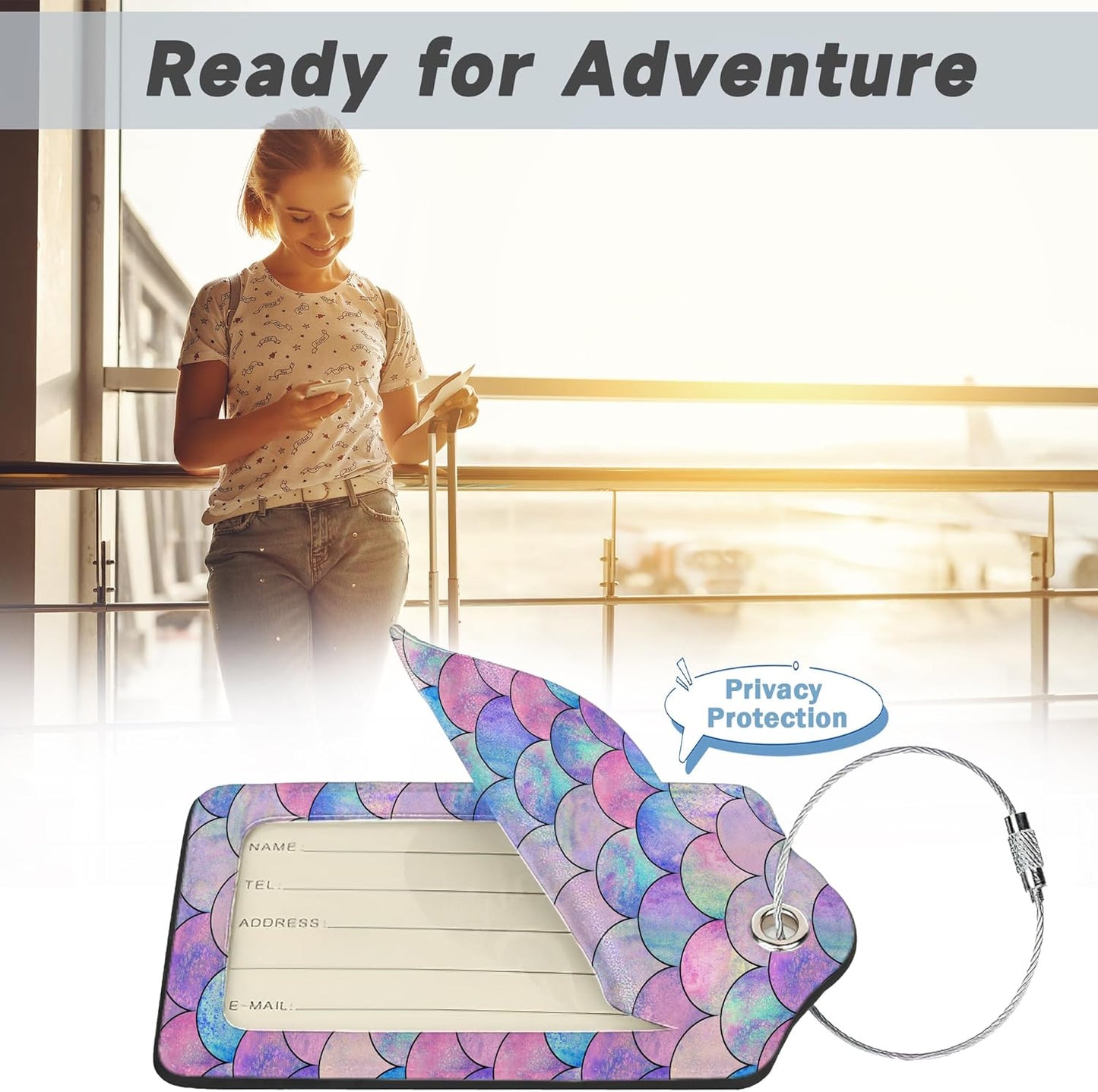 Set of 2 Luggage Tag for Suitcases LeatherMermaid Fish Scale Wave Tags with Stainless Steel Loop Privacy Name ID Card Cover Travel Bag Labels Set for Women Men Kids Girls