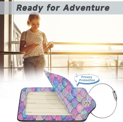 Set of 2 Luggage Tag for Suitcases LeatherMermaid Fish Scale Wave Tags with Stainless Steel Loop Privacy Name ID Card Cover Travel Bag Labels Set for Women Men Kids Girls
