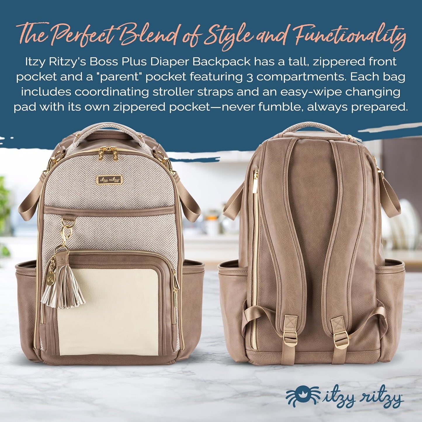 Itzy Ritzy Diaper Bag Backpack – Large Capacity Boss Plus Baby Backpack Diaper Bag Featuring 19 Pockets, Changing Pad, Stroller Clips, and Comfortable Straps (Vanilla Latte)
