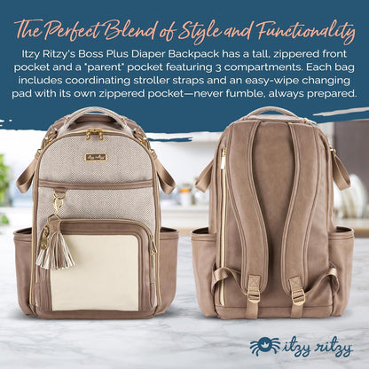 Itzy Ritzy Diaper Bag Backpack – Large Capacity Boss Plus Baby Backpack Diaper Bag Featuring 19 Pockets, Changing Pad, Stroller Clips, and Comfortable Straps (Vanilla Latte)