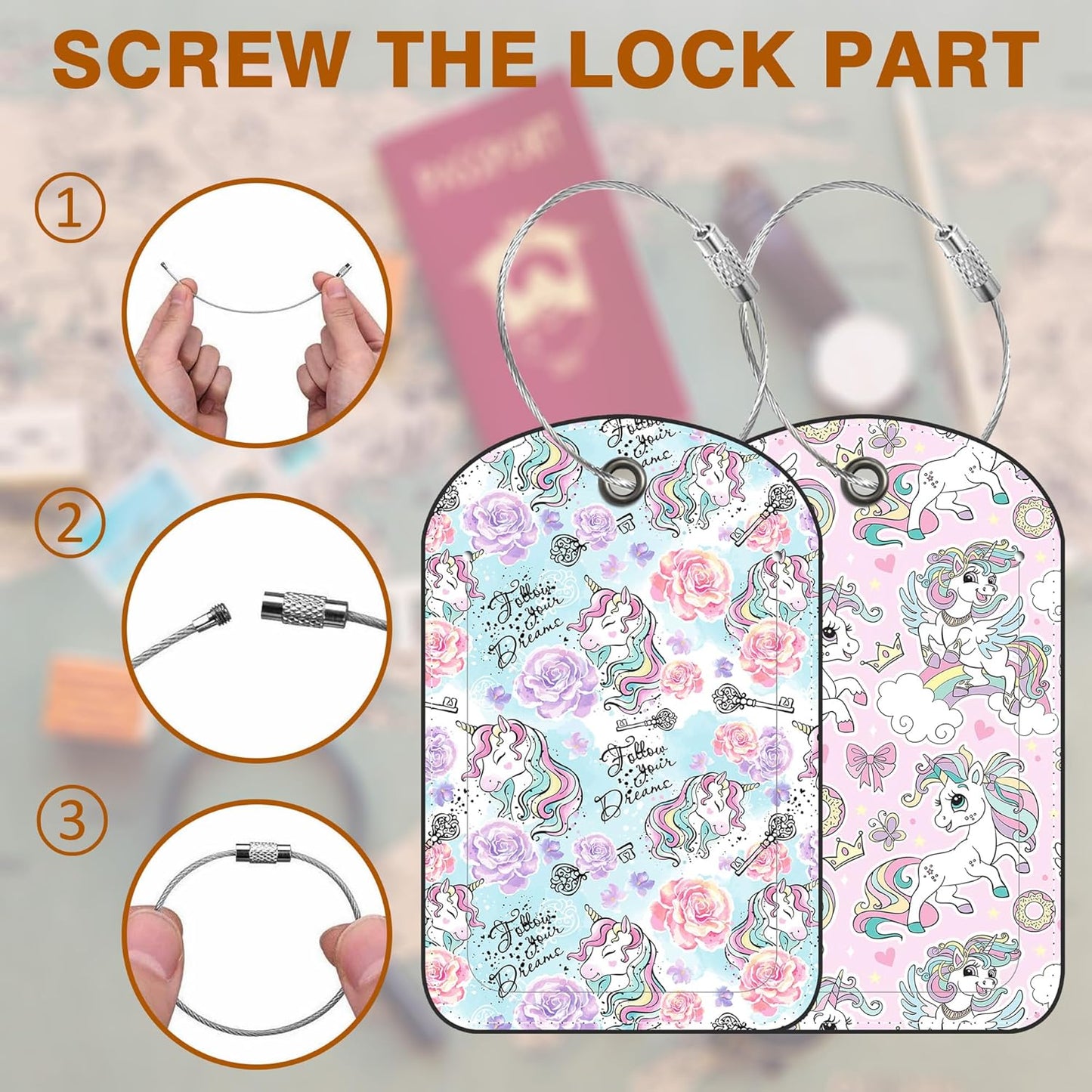 2 Pack PU Luggage Tags for Suitcase, Cute Unicorns Suitcase Tag Leather ID Label Bag Tags with Privacy Cover and Metal Loop for Men Women Travel Bag