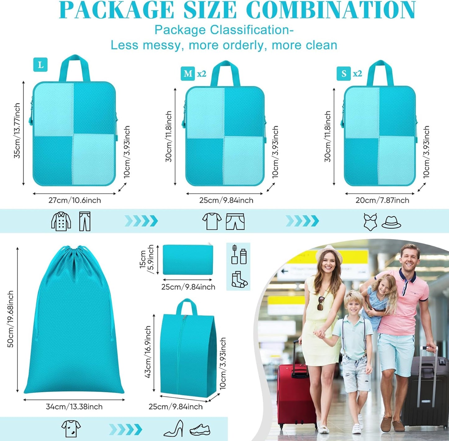 8 Set Compression Packing Cubes Travel, Lightweight Expandable Travel Cubes Suitcase Organizer for Carry On Luggage Suitcase, Turquoise