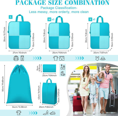 8 Set Compression Packing Cubes Travel, Lightweight Expandable Travel Cubes Suitcase Organizer for Carry On Luggage Suitcase, Turquoise