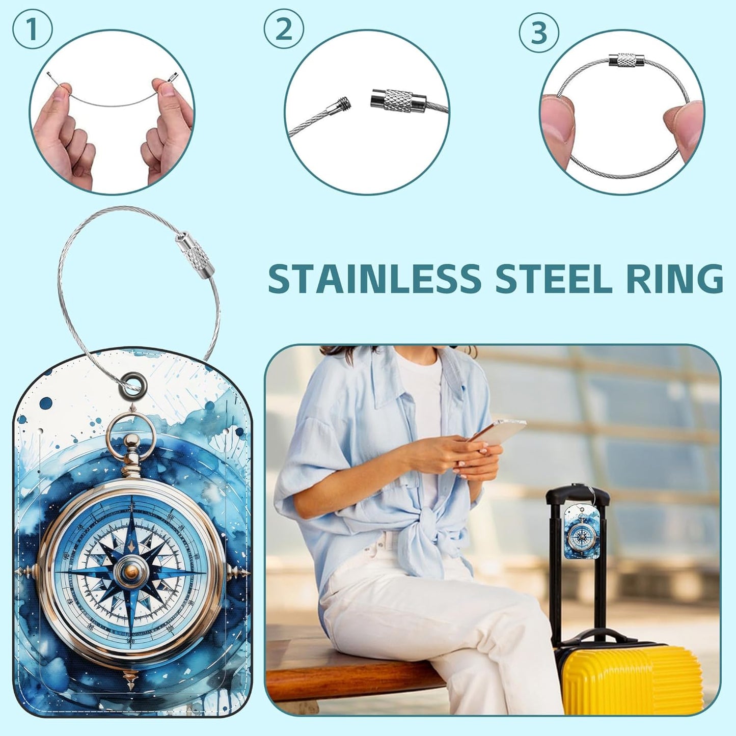 Old Compass on Vintage Map Luggage Tag for Suitcase Set of 2 PU Leather Cute Luggage Tags with Stainless Metal Loop ID Label Privacy Flap Suitcase Tags for Women and Men Travel