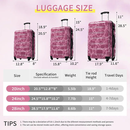 Merax Luggage Sets 3 Piece, Hardside Suitcase Set with Spinner Wheels, Lightweight Printing Luggage Carry on,20+24+28 IN,Purple Pink