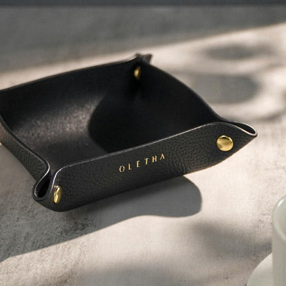 OLETHA Small Foldable Valet Tray - Aesthetic Desk Organizer for Home, Office & Travel - Portable Catch All Bowl for Keys, Jewelry & Essentials - Black