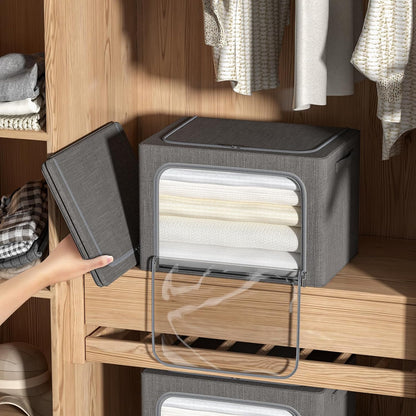 4 Pack Clothes Storage Bins with Metal Frame - Linen Fabric Foldable Stackable Container Organizer Set with Clear Window & Carry Handles & Zippers (Dark Gray, 15.7"x11.8"x7.8")