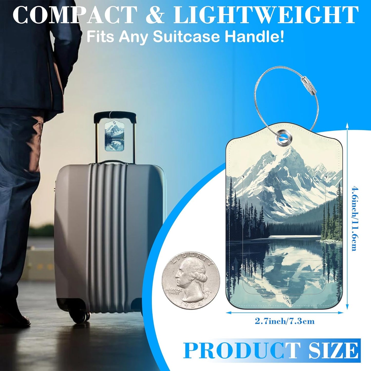 Snow Mountain Lake Forest Luggage Tags for Suitcases Leather Travel Tags for Luggage ID Label with Privacy Cover and Stainless Steel Loop for Men Women Suitcase Backpack, Set of 2
