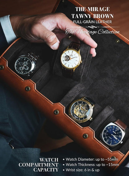 4 Watch Travel Case for Men – Leather Watch Roll Case Storage for Travel - Brown Full Grain Cow Leather