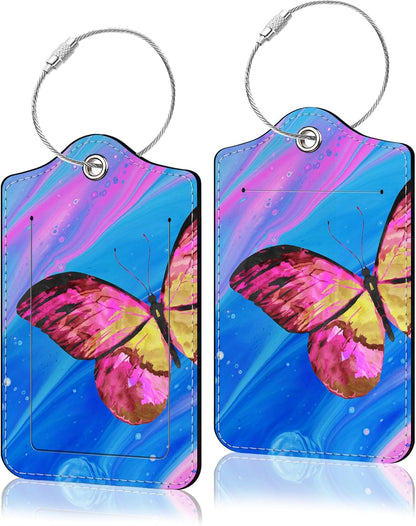 2 Pack Luggage Tag for Suitcase, Cute Unique Leather Suitcase Tags Identifiers with Privacy Name Address Labels & Durable Steel Loop for Women Men Travel