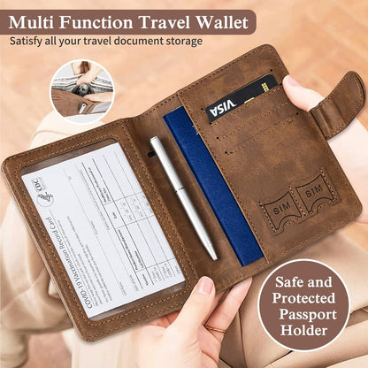 TIGARI Passport Holder for Travel Women Men, PU Leather Waterproof RFID Passport Holder Wallet Cover Case Sleeve, Family Vacation Plane Cruise Travel Document Organizer Essentials-Brown