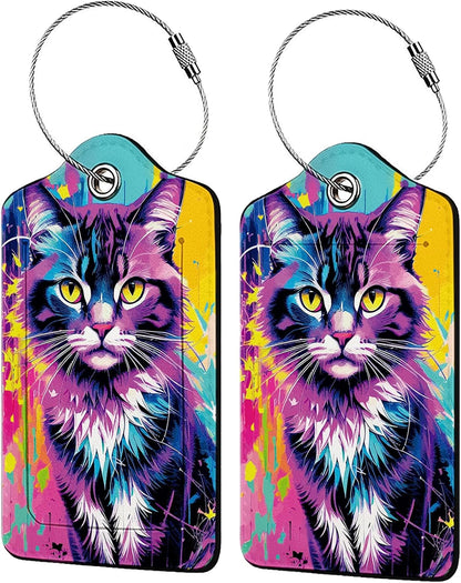 Colorful Cat 2 Pack Luggage Tag for Suitcase, Cute Unique Leather Bag Tags Identifiers Privacy Cover ID Label with Steel Loop for Women Men Kids Girls Travel,