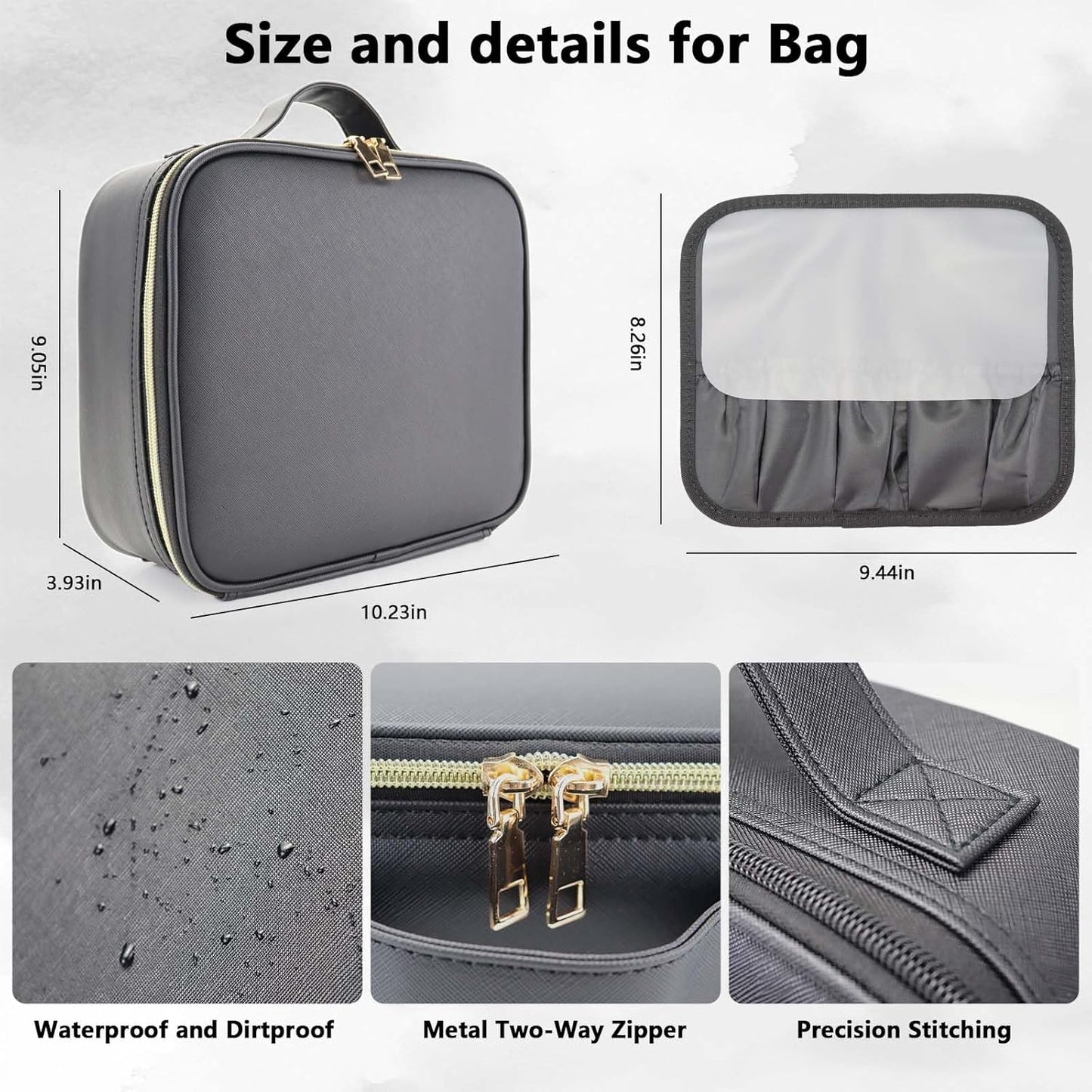 Travel Makeup Bag with LED Mirror Travel Makeup Organizer with 3 Lighted Settings, Adjustable Dividers and Makeup Brush Storage Bag Black