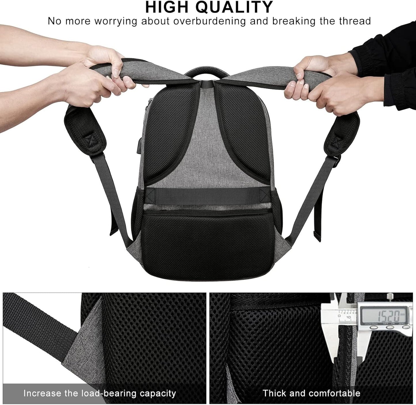 School Backpack for College Students & Teens - 15.6 Inch Laptop Backpack with USB Charging Port, Ergonomic Shoulder Straps, Water Resistant Travel Bookbag for Men, Women - Grey