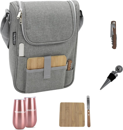 Truvelli Insulated Wine Tote Bag: Portable 2 Bottle Cheese Waterproof Black Canvas Carrier Picnic Kit - Stopper Attachment, Plus Wooden Charcuterie Board